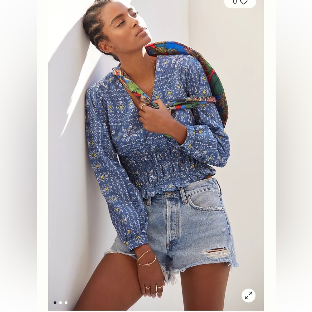 Anthropologie forever that girl Embroidered Smocked Blouse